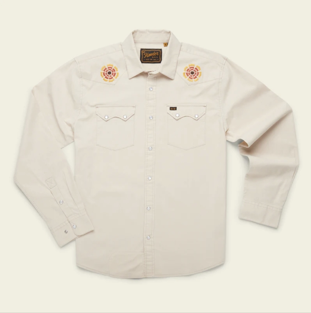 Howler Brothers Cream Casual Button Down Shirt with Floral Embroidery